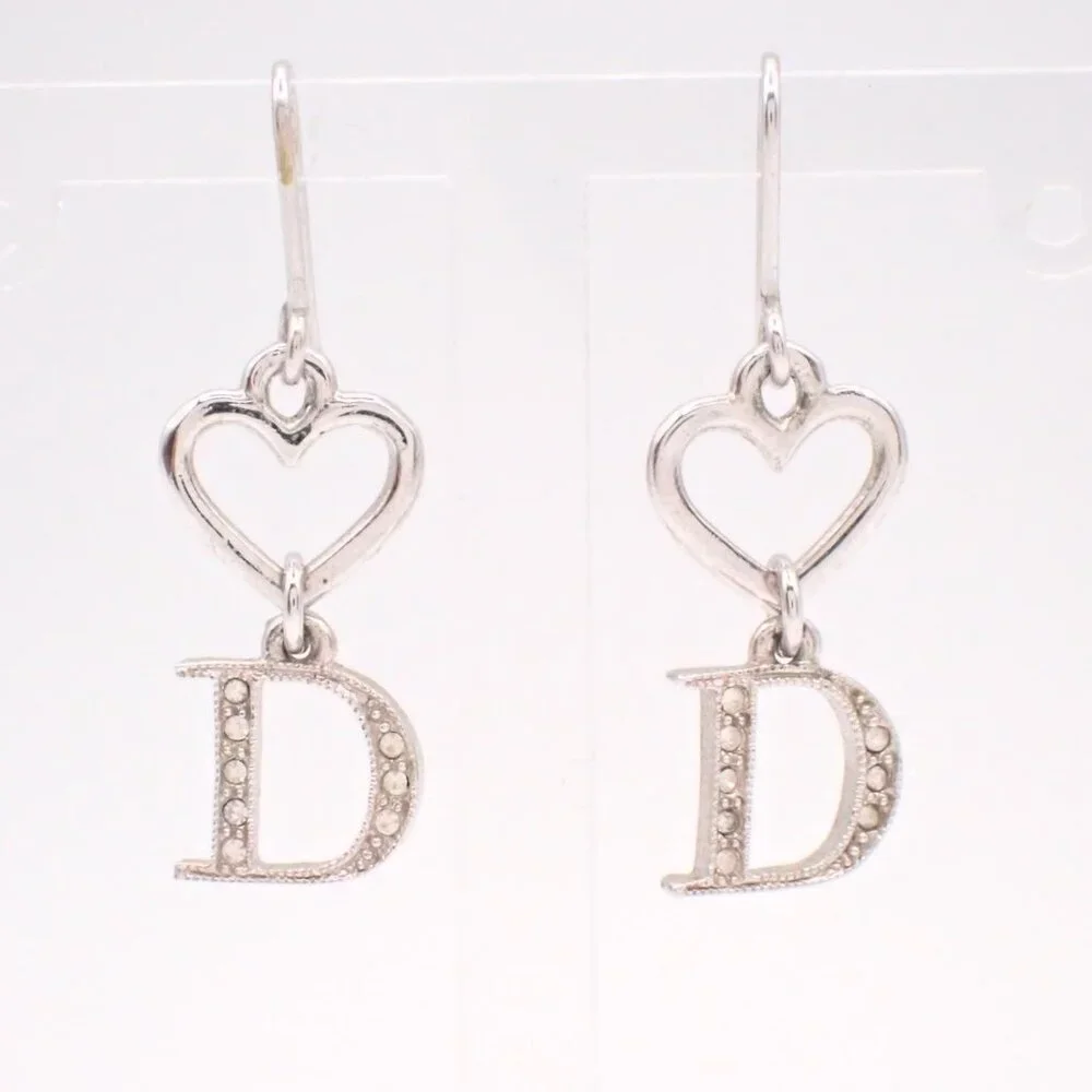 💖 Christian Dior Vintage Silver Heart D Dangle Earrings - Rhinestone Pave